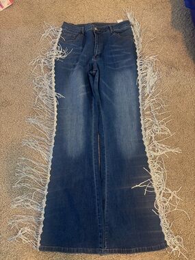 SHEIN Dark Blue Denim Wide-Leg Jeans with White Fringe